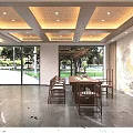 Traditional Chinese Tea Shop Interior Design With Wooden Shelves Tables Calligraphy And Green Plant