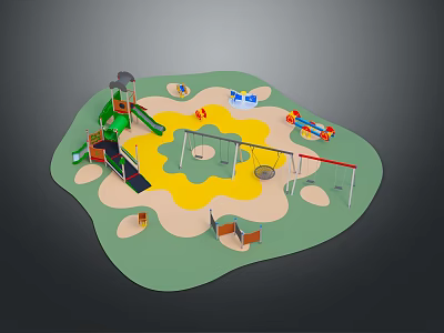 Colorful Children's Playground With Slide Swings Climbing Structure And Toy Cars On Green Yellow Surface 3d model