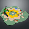 Colorful Children's Playground With Slide Swings Climbing Structure And Toy Cars On Green Yellow Surface