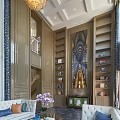 Double Height Duplex Living Room Interior With Crystal Chandeliers Paneled Walls And Sofa
