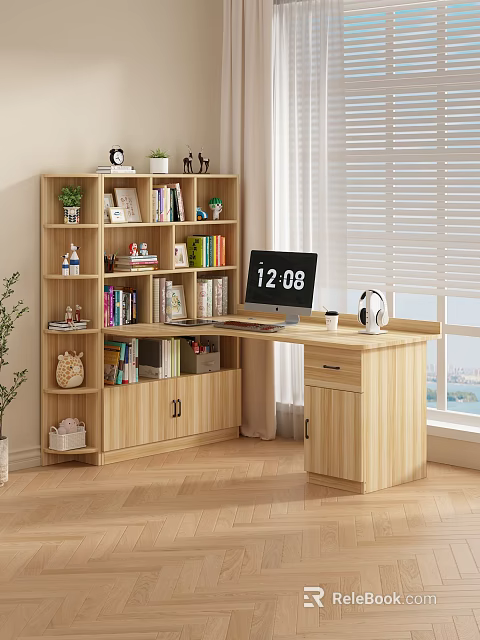 Wooden Home Office Desk with Bookshelf Computer Books and Green Plants 3d model 