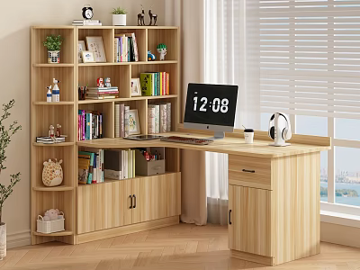 Wooden Home Office Desk with Bookshelf Computer Books and Green Plants 3d model