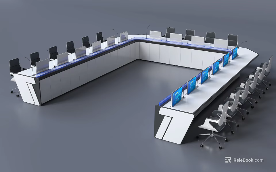 L Shaped Office Desk With Multiple Computer Monitors And Ergonomic Chairs 3d model 
