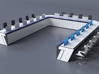 L Shaped Office Desk With Multiple Computer Monitors And Ergonomic Chairs 3d model