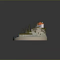 Tiny Island With Red Roof House Blue Boat Pine Trees And Stone Steps