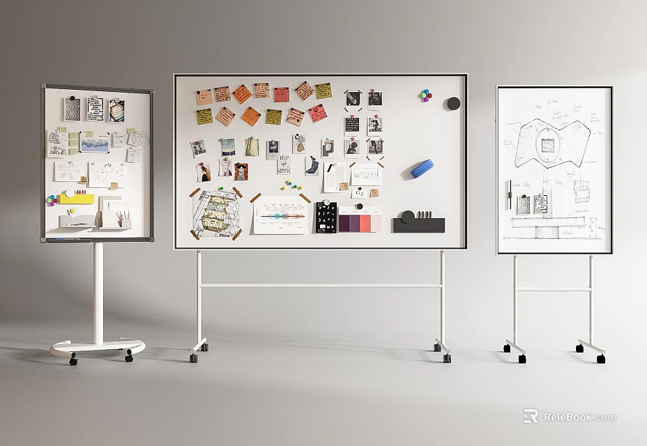 Creative Instruments and Art Supplies Display on Rolling Boards With Sketches Samples and Artistic Materials 3d model 