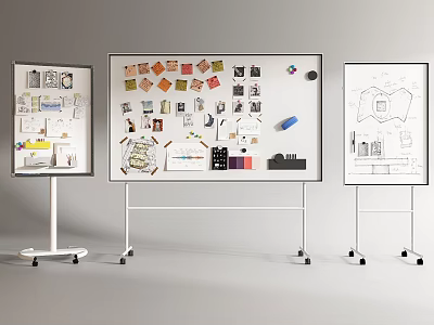 Creative Instruments and Art Supplies Display on Rolling Boards With Sketches Samples and Artistic Materials 3d model