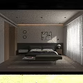 Modern Bedroom Interior With Bed Green Bench Wall Artwork Circular Decor And White Curtains 3d model