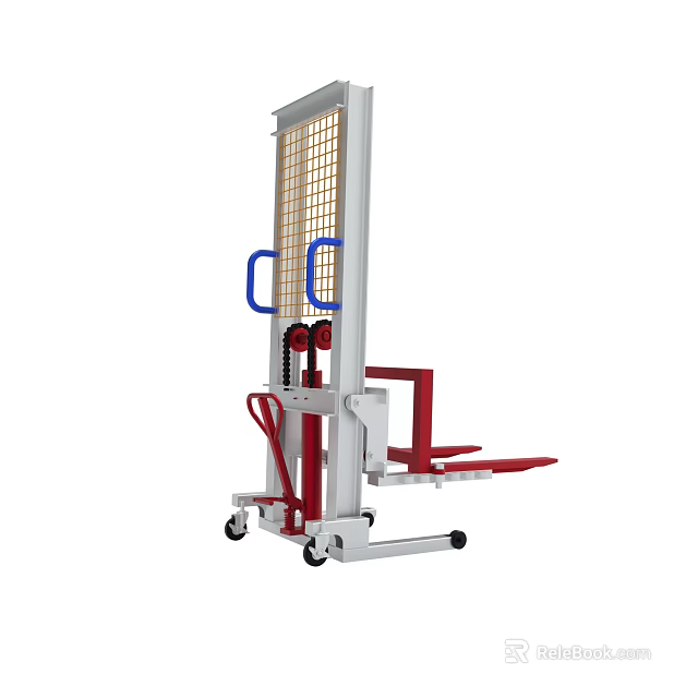 Manual Hydraulic Stacker With Red Forks White Frame Blue Handle And Wheels 3d model 