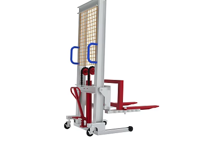 Manual Hydraulic Stacker With Red Forks White Frame Blue Handle And Wheels 3d model