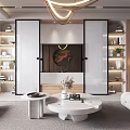 Modern Living Room Interior With Wooden Walls Circular Decorative Painting And Light Gray Sofas