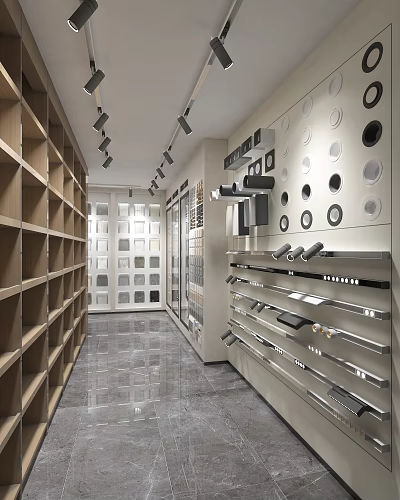 Water and electricity pipe fittings under lamps in warehouse exhibition hall 3d model