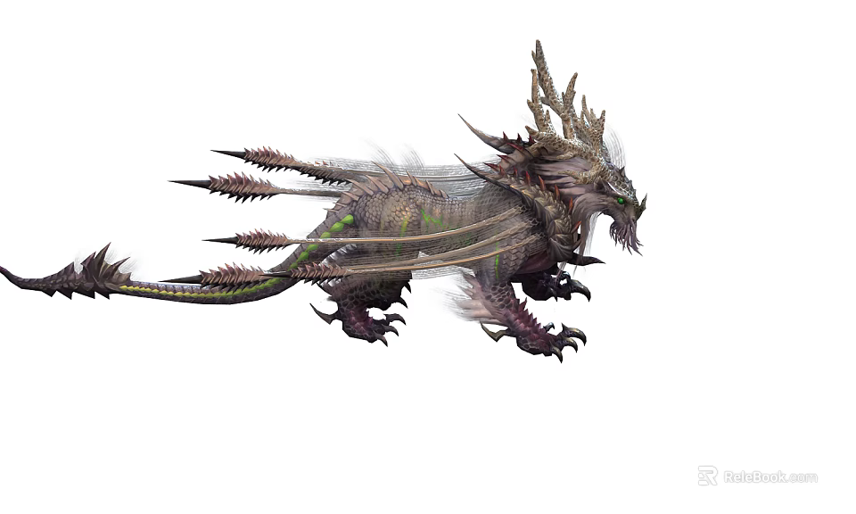 Mythical Dragon with Spiked Wings Serpentine Tail and Ancient Horns in Fantasy World 3d model 