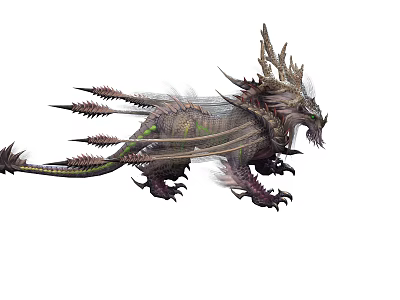 Mythical Dragon with Spiked Wings Serpentine Tail and Ancient Horns in Fantasy World 3d model