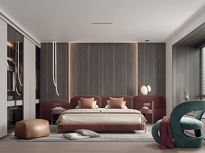 Elegant Modern Bedroom Interior Design With Wooden Wall Brown Bed And Green Chair 3d model