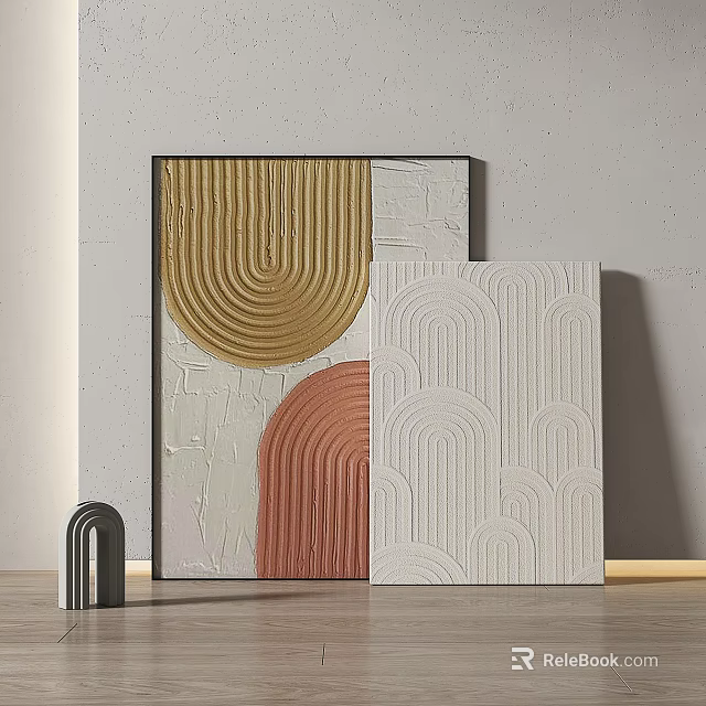 Abstract Paintings Featuring Yellow Orange Curved Lines White Background and Black Decorative Accent 3d model 