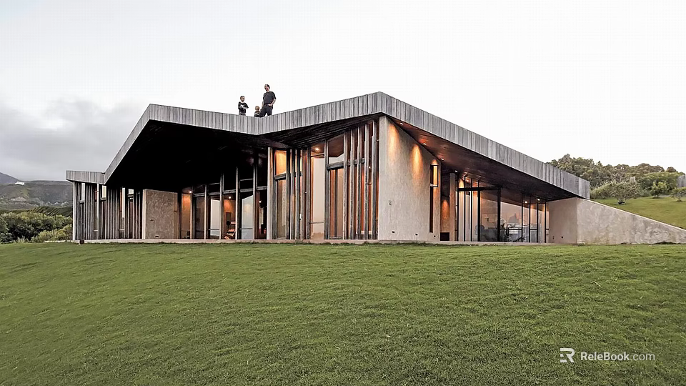 Modern Detached Villa Featuring Sloped Metal Roof Stone Exterior Large Glass Windows Front Green Lawn 3d model 