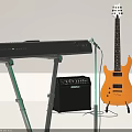 Yellow Electric Guitar And Black Amplifier Musical Instrument Setup On Gray Background