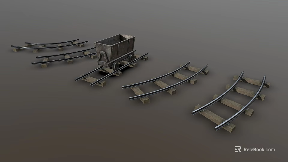 Wooden Rail Tracks With Curved Sections And Mine Cart On Gray Background 3d model 