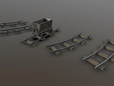 Wooden Rail Tracks With Curved Sections And Mine Cart On Gray Background 3d model