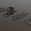 Wooden Rail Tracks With Curved Sections And Mine Cart On Gray Background