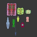 Characters And Biological Mechanical Models With Warships Tanks Platforms Green Yellow Structures