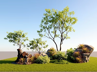 Lush Courtyard Garden Featuring Green Lawn Trees Rocks Bushes And Blue Sky 3d model