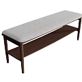 Wooden Frame Bench With Gray Padded Seat And Lower Shelf