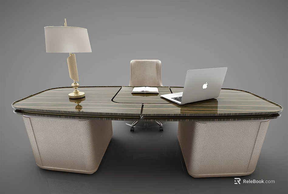 Elegant Modern Office Desk With Laptop Table Lamp And Leather Chair 3d model 