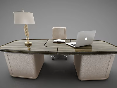 Elegant Modern Office Desk With Laptop Table Lamp And Leather Chair 3d model