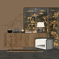 Rustic Wooden Console Cabinet With Bamboo Plant Lamp And Decorative Screen