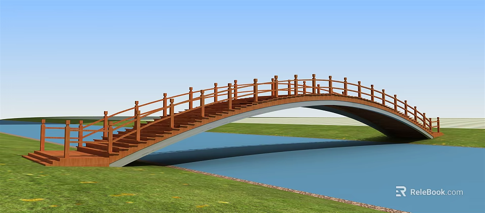 Wooden Arch Bridge With Railing Spanning Over Water And Green Grassland 3d model 