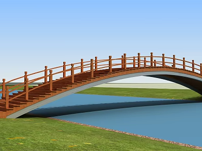 Wooden Arch Bridge With Railing Spanning Over Water And Green Grassland 3d model