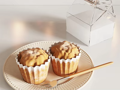 Delicious Freshly Baked Cupcakes on White Plate with Wooden Fork and Transparent Box 3d model