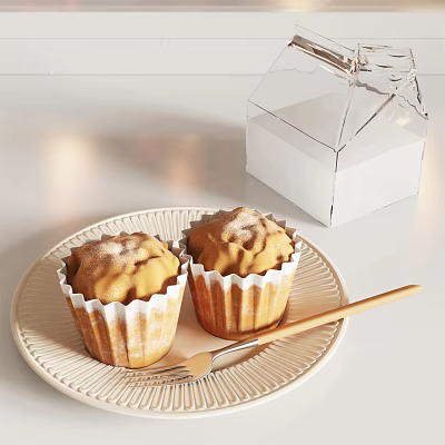 Delicious Freshly Baked Cupcakes on White Plate with Wooden Fork and Transparent Box 3d model