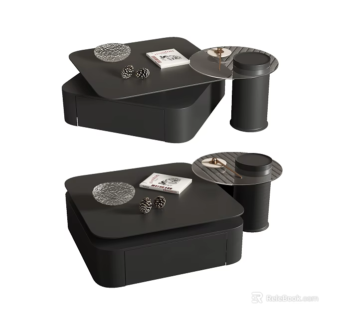 Modern Black Coffee Table With Layered Structure And Decorative Items On Top 3d model