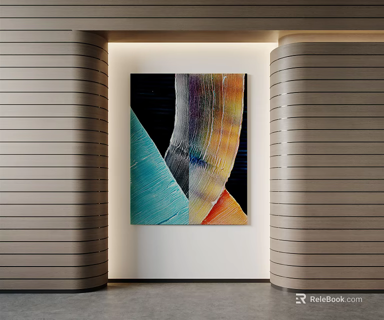 Abstract Wall Art With Colorful Curved Lines Between Wooden Panel Columns 3d model 
