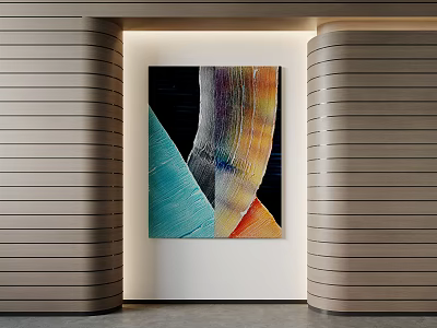 Abstract Wall Art With Colorful Curved Lines Between Wooden Panel Columns 3d model