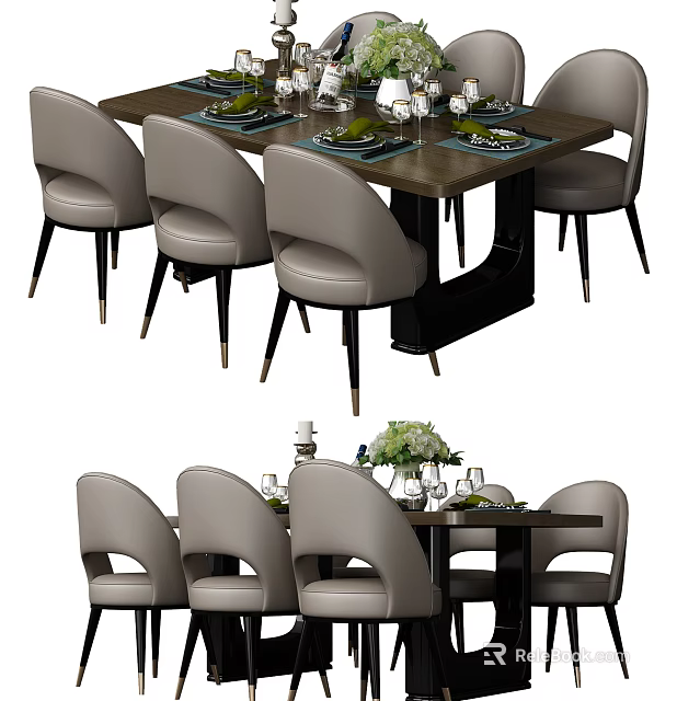 Modern Dining Table Set With Gray Upholstered Chairs Wooden Tabletop And Metal Legs 3d model 