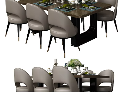 Modern Dining Table Set With Gray Upholstered Chairs Wooden Tabletop And Metal Legs 3d model