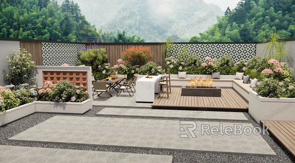 Villa Courtyard Garden Roof Garden Outdoor Table and Chair Flowers and Plants Pile Plant Combination Flower Pond model