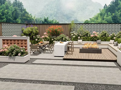 Courtyard Garden With Wooden Deck Fire Pit Dining Table Chairs Lush Greenery And Geometric Fence 3d model