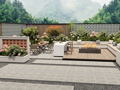 Villa Courtyard Garden Roof Garden Outdoor Table and Chair Flowers and Plants Pile Plant Combination Flower Pond model