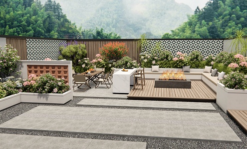 Villa Courtyard Garden Roof Garden Outdoor Table and Chair Flowers and Plants Pile Plant Combination Flower Pond 3d model