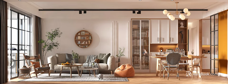 Modern Living Dining Room Interior Design With Sofa Coffee Table And Bookshelf 3d model 