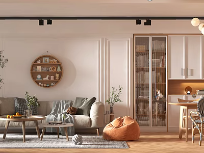 Modern Living Dining Room Interior Design With Sofa Coffee Table And Bookshelf 3d model