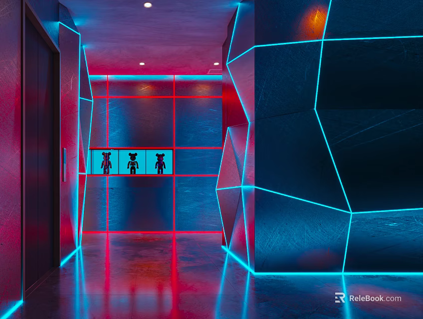 Futuristic Bar Corridor With Blue Red Neon Lights Geometric Walls Sleek Floor And Light Reflections 3d model 