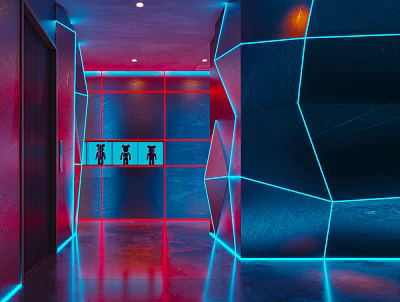 Futuristic Bar Corridor With Blue Red Neon Lights Geometric Walls Sleek Floor And Light Reflections 3d model