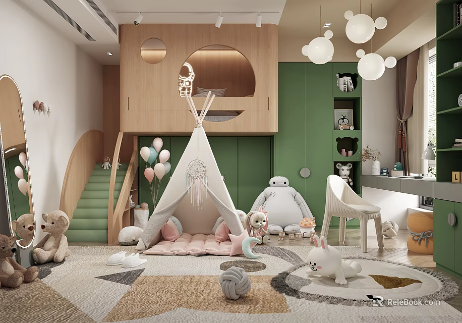 Cozy Kids Room Interior With Green Cabinets Teepee Stuffed Toys Balloons And Pendant Lights 3d model 