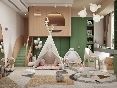 Cozy Kids Room Interior With Green Cabinets Teepee Stuffed Toys Balloons And Pendant Lights 3d model